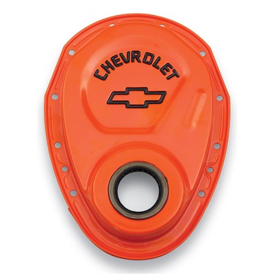 Proform Timing Cover 141-783; Chevy Performance Bowtie Orange Steel for SBC