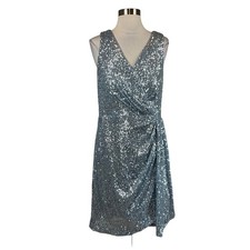 Eliza J Women's Cocktail Dress Size 16 Blue Sequined Sleeveless V-Neck Sheath