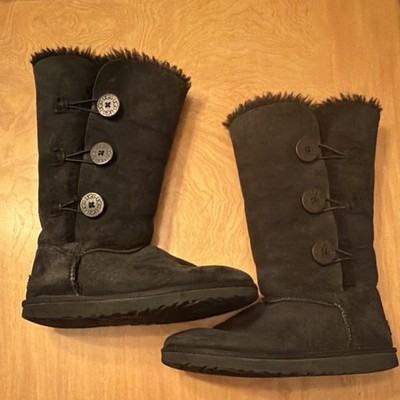 UGG 1873 Bailey Button Triplet Tall Black Sheepskin Suede Boots Womens 8