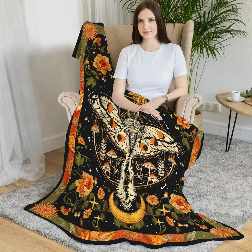 Orange Moth Throw Blanket, Retro Boho Flower Butterfly Sun Moon Star Aestheti... - Image 4 of 4