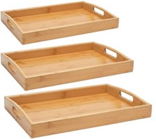 3x Bamboo Serving Trays Wooden Tray Set Breakfast Food Platters With Handles UK