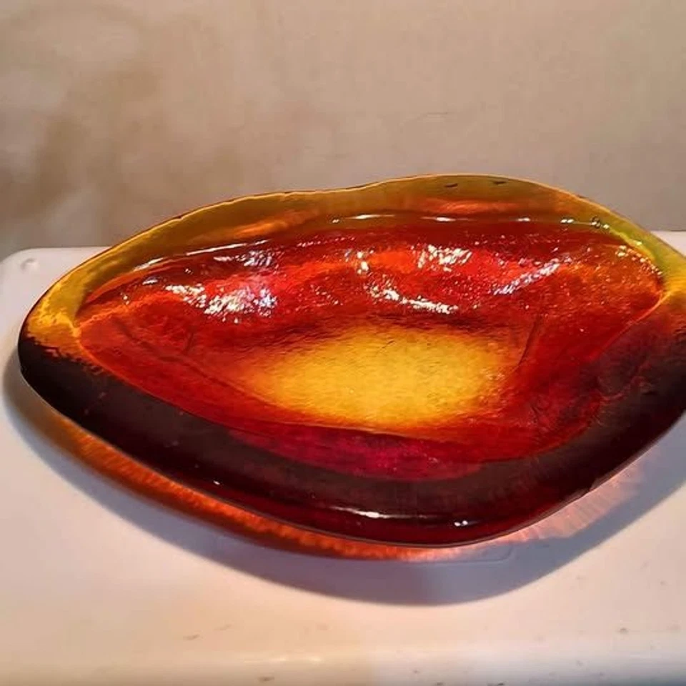 💥RARE Vtg LE Smith AMBERINA Heavy Glass candy dish key tray yellow orange Red  - Image 3 of 4