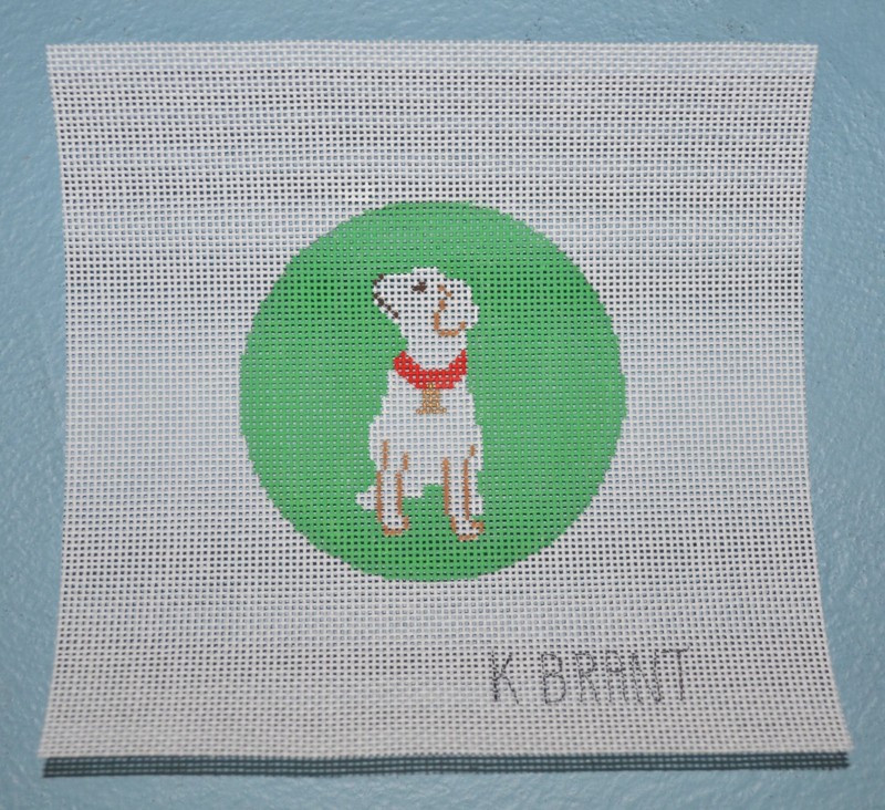 hand painted needlepoint canvas #18 puppy ornament yellow lab dog bell collar