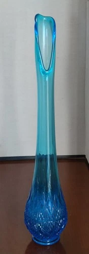 1970s OVG Fenton Olde Virginia Glass Stretch Swung Vase Blue 16 1/2" Marked