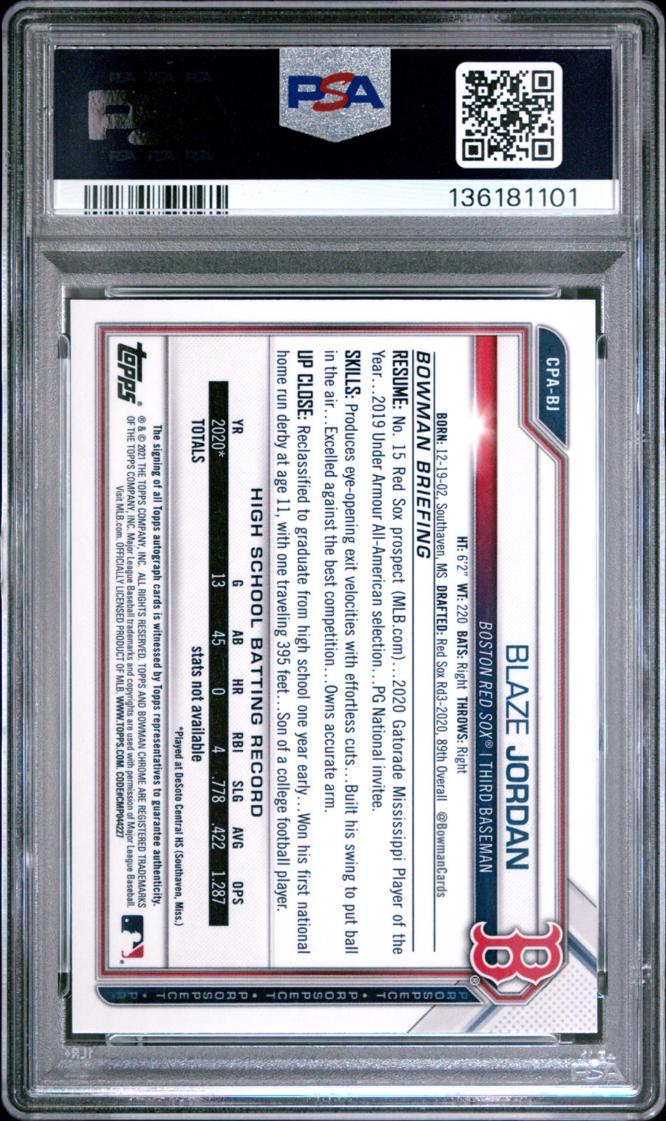 2021 Bowman Chrome 1st - Blaze Jordan #CPA-BJ Speckle Auto /299 PSA 10 (AU,RC) view 2