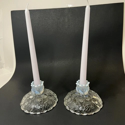 Vintage Fenton Clear Opalescent Water Lily Taper Candle Holders Set Of 2