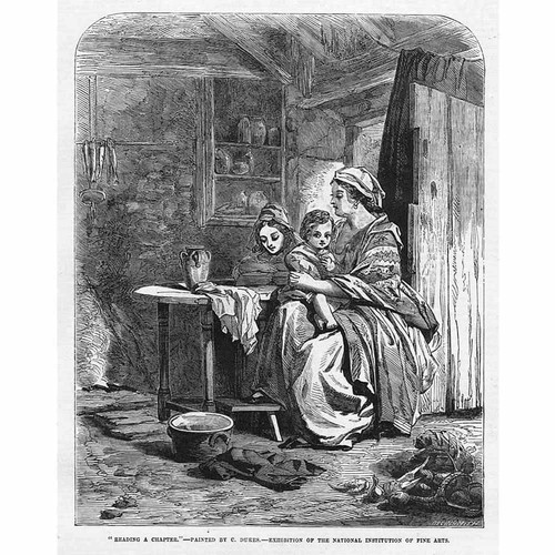 FINE ART Reading a Chapter by C Dukes - Antique Print 1855