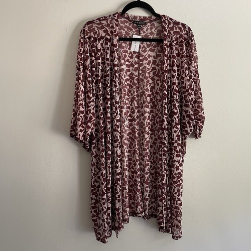 Lane Bryant Women Plus SZ 26/28 Burgundy/Off White Open Front Sheer Kimono NWT