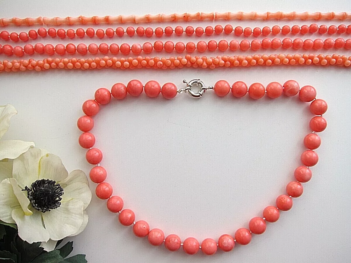 Genuine 100 Salmon Pink Orange Coral Gemstones Bead Necklace. eBay