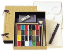 Kissho Gansai Japanese Watercolor Paint Pigments 24 Colors Brush Suzuri Set No.3