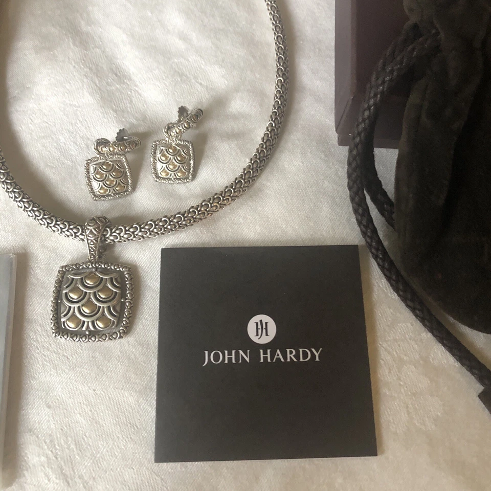 "Collar John Hardy de oro amarillo 925 y 18 quilates cadena de trigo de 18"" con gargantilla y caja de pendientes" Foto 3 de 4