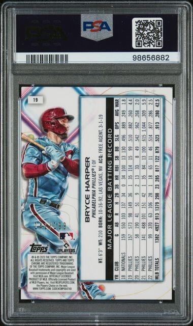 2023 Topps Cosmic Chrome - Aqua Equinox Refractor #19 Bryce Harper /199 PSA 9 view 2