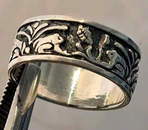 VTG Sterling Silver Carved FROGS & FLOWERS Wide Ring Band size 8.25 - Picture 3 of 6