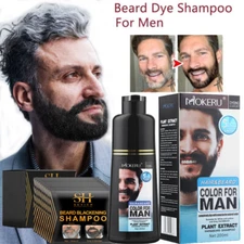 Men 2 in 1 Beard Mustache Natural Hair Color Shampoo Permanent Black Dye 200ML