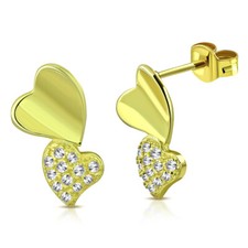 925 Sterling Silver Yellow Gold-Tone CZ Dangle Stud Love Heart Earrings, 0.45"