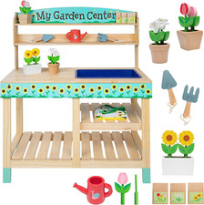 Wooden Toy Gardening Center Indoor Playset - 22 Pc Garden Stand Set W Flowers, S