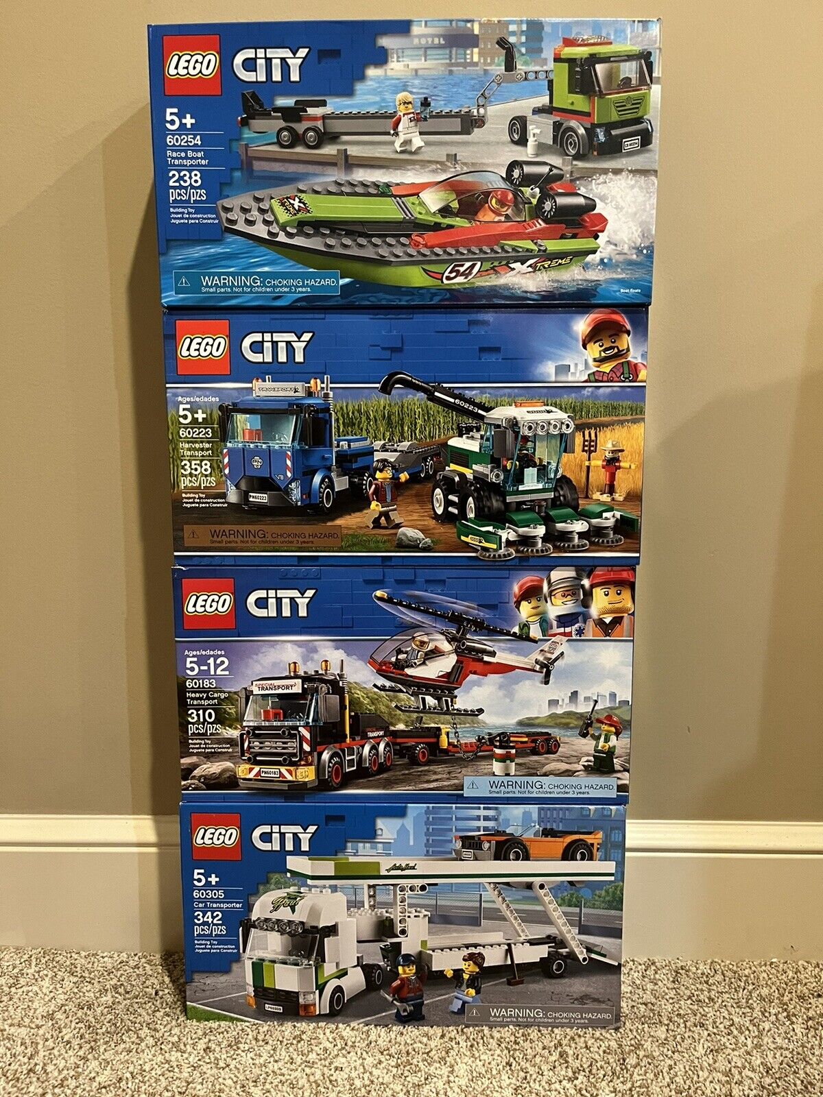Four LEGO City Car Boat Cargo Transporter Set Lot 60183 60223 60254 60305 NIB