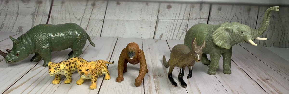 Lot of 6 AAA Plastic Animals Toy Elephant Orangutan Rhino Kangaroo Tiger Leopard