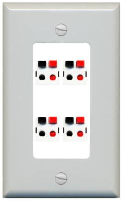 RiteAV 4 Port Speaker Wire Plug Jack Wall Plate - 1 Gang [Gray/White]