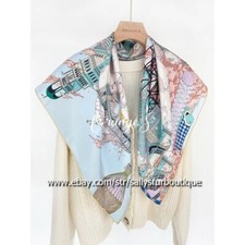 Sallys Twill Silk 18 Momme Wrap Scarf Horse Print Double Face Shawl 35" 35" Blue