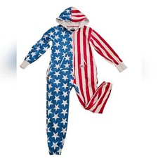 Tipsy Elves USA Jumpsuit Women Medium National Day Star Stripe Zip Hood Red Blue