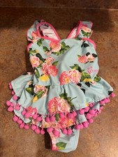 Betsey Johnson Aqua Pink Pompom Rose Floral Ruffle Toddler One Peice SwimSuit 6