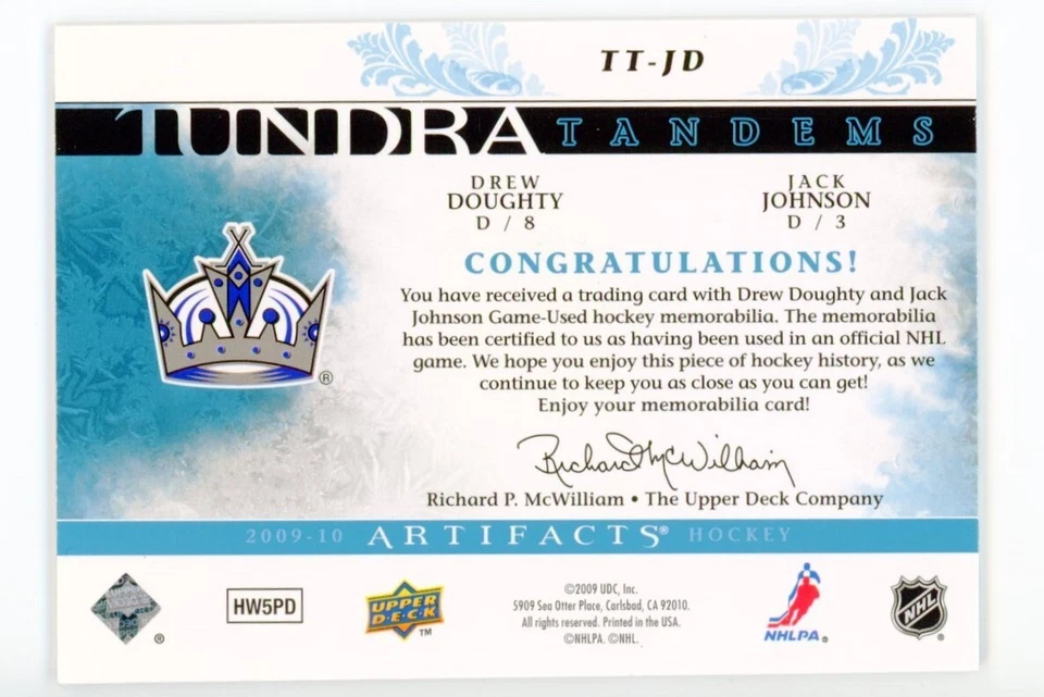 2009-10 Upper Deck Artifacts Tundra Tandems TT-JD Drew Doughty/Jack Johnson /100 - Image 2 of 2