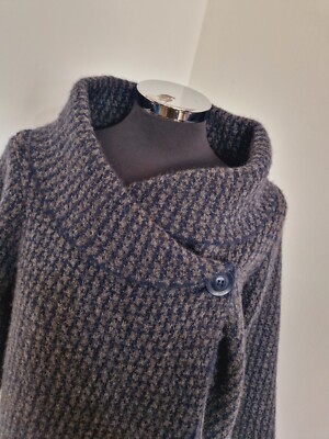Max Studio Grobstrickjacke Gr. L grau blau Wickelmantel Einknopf 