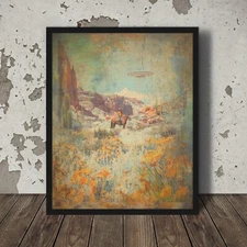 Vintage UFO COWBOY Wall Art, Vintage Western Alien Poster, Sci-fi Cactus Flower