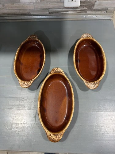3 VTG Hull Pottery Brown Drip Oval Au Gratin Oven Proof Baking Casserole Dishes