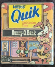 NESTLE QUIK BUNNY-Q BANK Can Container Tin & Cardboard with original Lid  32 oz