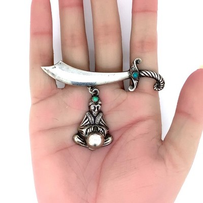 Vintage Turquoise, Sterling Silver Scimitar Sword/Fortune Teller Brooch Pin
