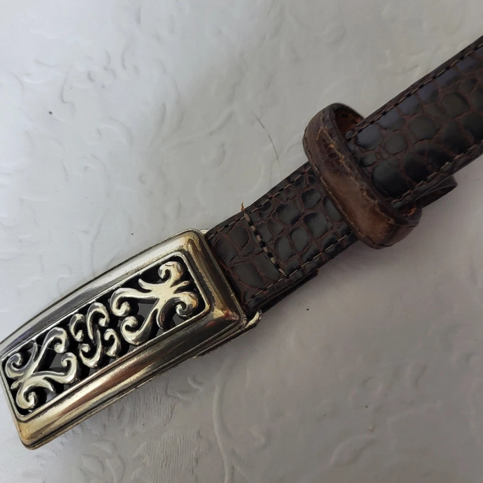 Brighton Women's Brown Crocodile Embossed Leather Belt Silver Buckle & Tip Sz L - Image 4 of 4