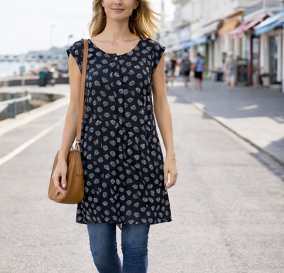 White Stuff Tunika-Kleid UK 12 schwarz Herzmuster Flügelärmel Viskose