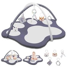 Baby Gym Activity Play Mat Tummy Time Cute Paw!! 5 Detachable Toys Gray Washable