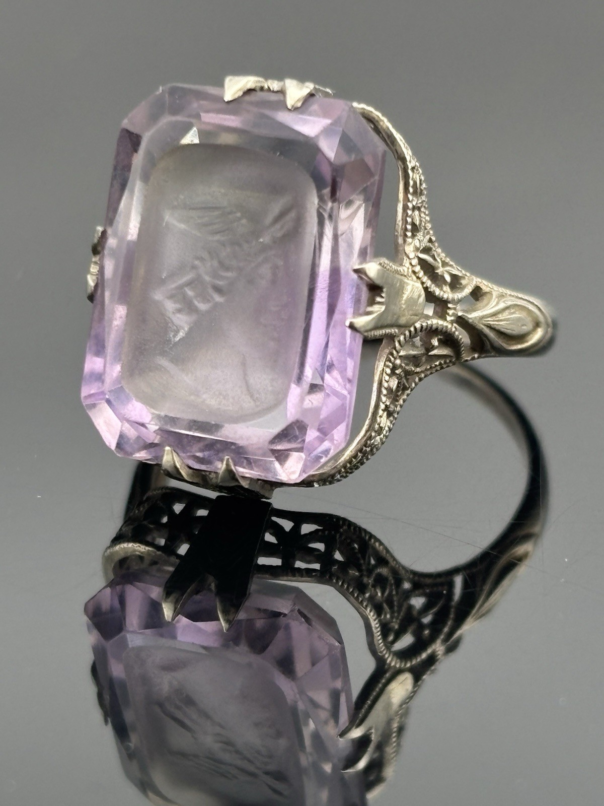 EINZIGARTIGER Vintage 14k Weißgold HERMES Edelstein Kamee Ring Mann mit Flügeln auf Kopf Größe 7,5