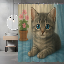 Cute Cat Shower Curtain for Kids Room Decor, Pink Floral Design