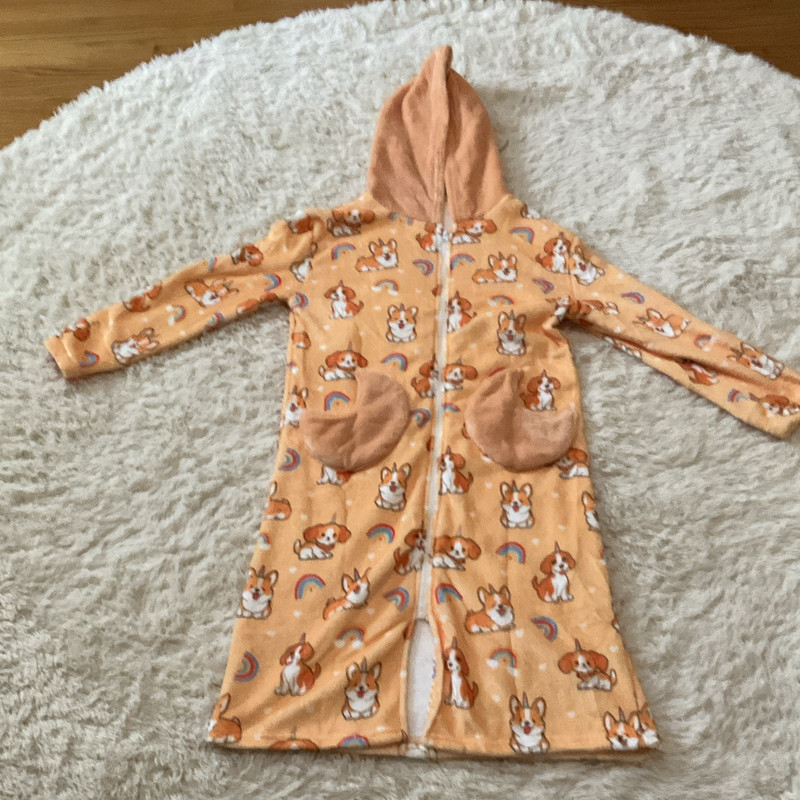 Girls One Size Hooded Fleece Robe Long Sleeve Zip Orange/White Animal Print