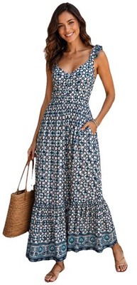 NWT Lucky Brand Boho Blue Block Print India Cotton Sleeveless Maxi Dress Size S