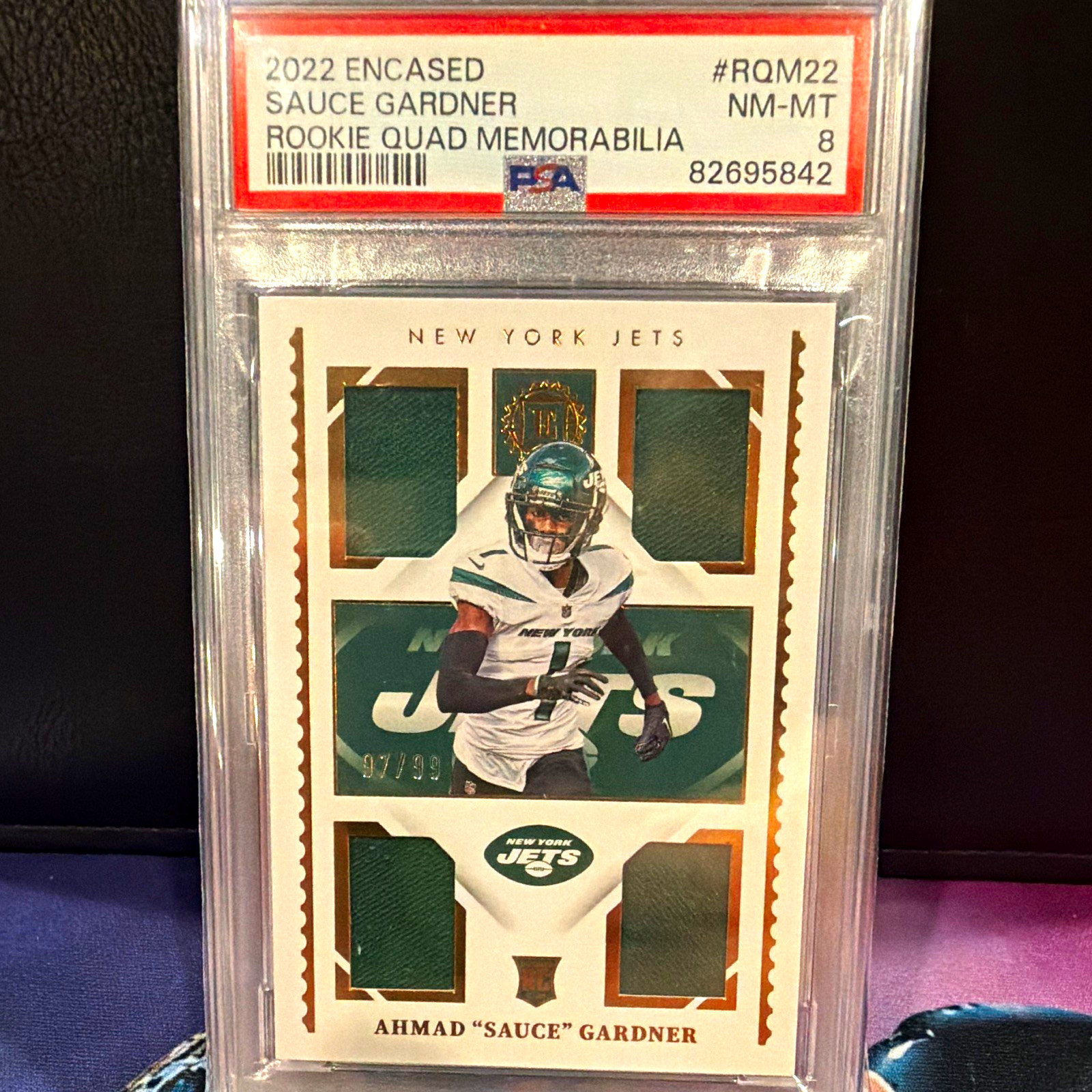 Panini 2022 Encased Sauce Gardner Jets Rookie Quad Memorabilia RQM-22 PSA 8 /99