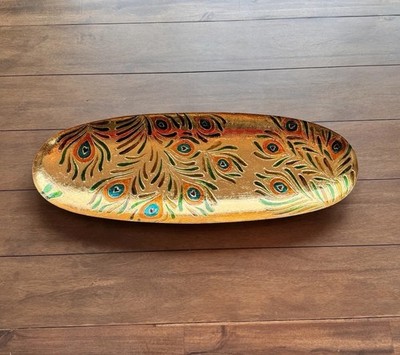 Pier 1 Royal Peacock Feather Art Tray 26  Gold Leaf Look Large Curved Oval Decor