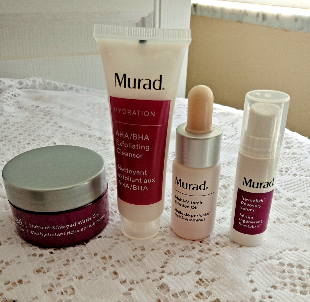 Murad 4 Pc Set Hydration Water Gel, Cleanser, Infusion Oil, Recovery Serum MINI