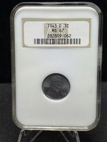 1943 D 1c Lincoln Steel Wheat Cent NGC MS 67 Old Thick Holder