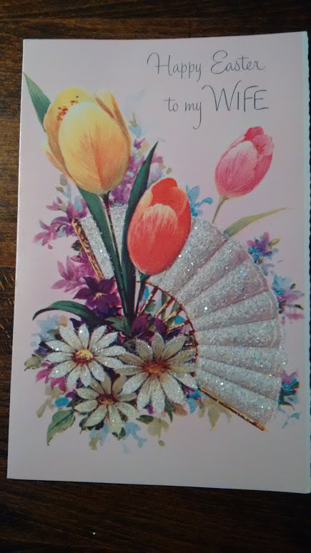 Vintage Greeting Card Easter glitter fan tulips daisy Flowers wife Norcross