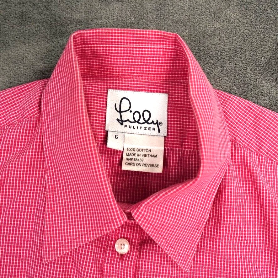 Vintage Lilly Pulitzer Top Womens 6  Red Check Logo Palm Tree Gingham Button - Image 2 of 4