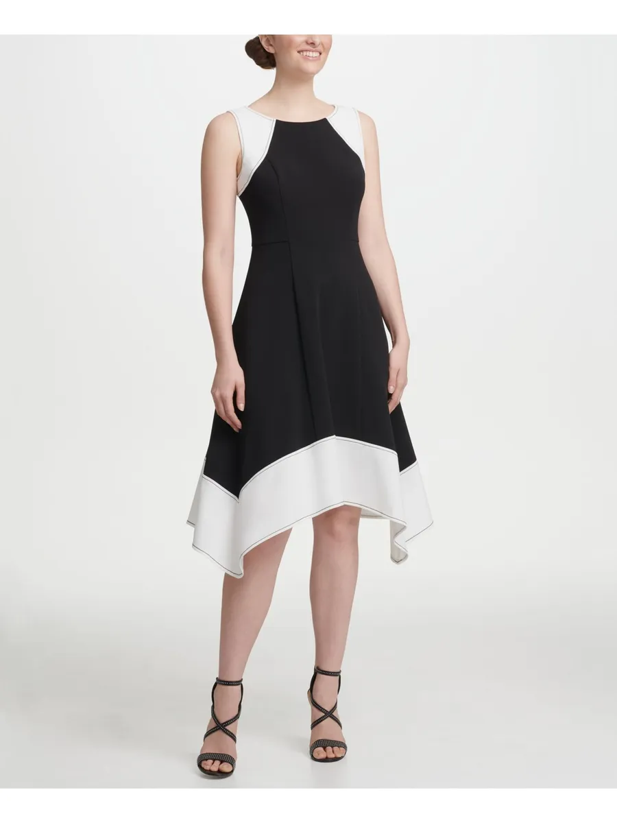 DKNY Womens Black Sleeveless Crew Neck Knee Length Wear To Work Wrap Dress 2