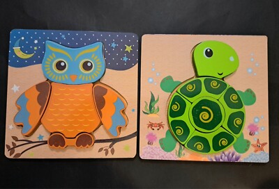 Set of 2 Painted Wooden Puzzles 6''x6'' Toddler 5 to 6 Pieces Each In Great Shape