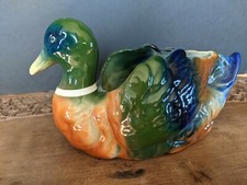 Colorful vintage ceramic duck planter unmarked Mallard green blue rust apx 8" lo