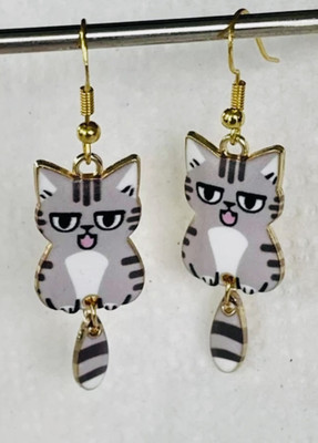 Moveable Swing Tail Cartoon Grey Kitty Cat Dangle Earrings NWOT READ