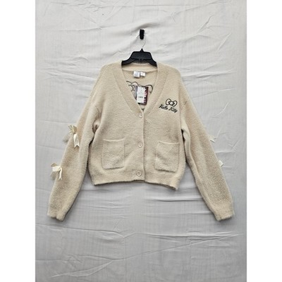 Hello Kitty Sanrio Cream Fuzzy Cardigan Sweater Bow Sleeves KTHK016GLB Mens M